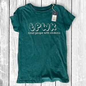 Treat People With Kindness graphic tee dark green cotton, womens small